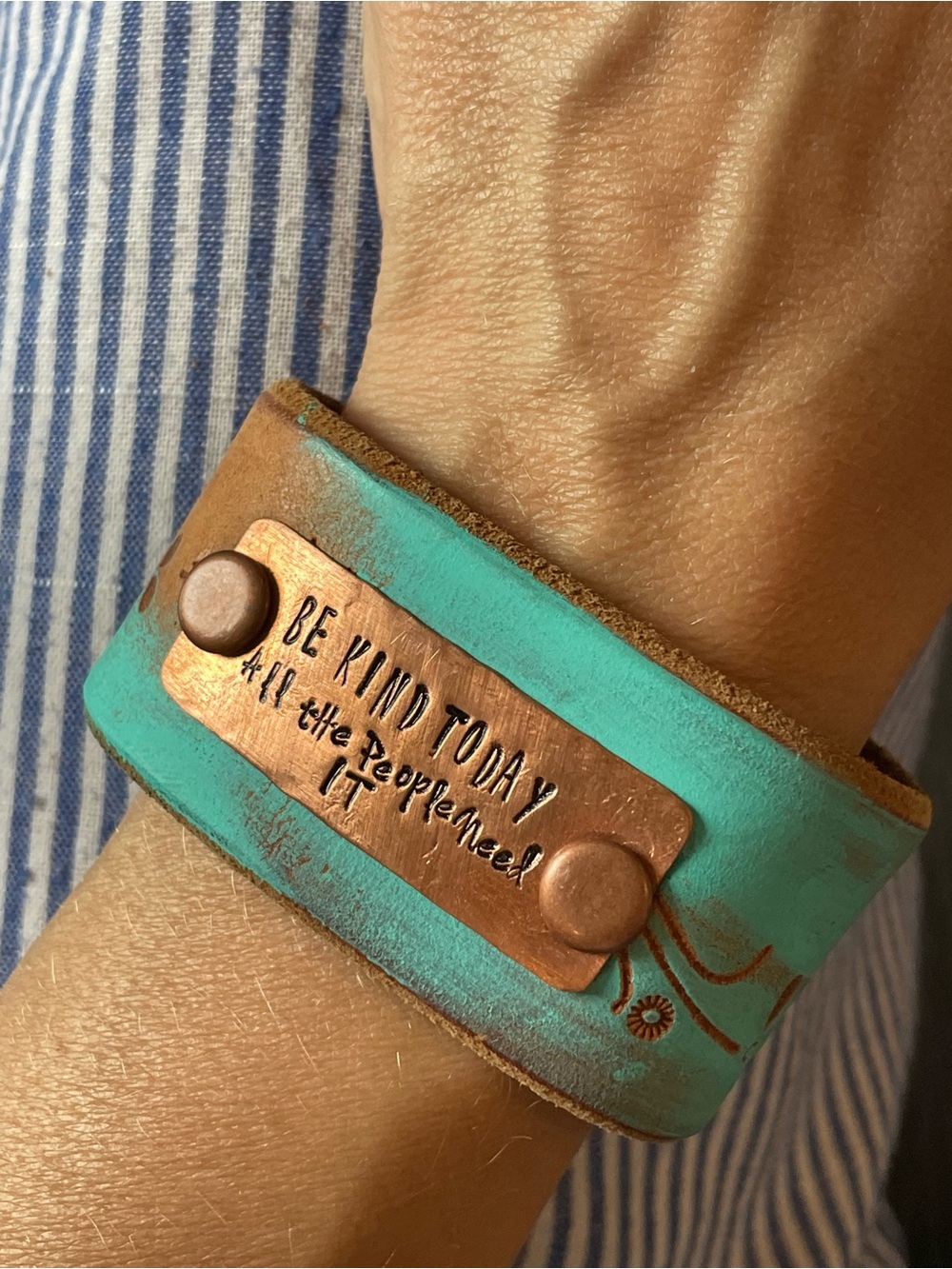 Be Kind Today Turquoise Leather Cuff Bracelet with Copper Plate